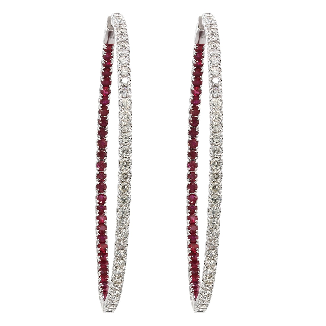 Rachel Koen 14K White Gold Inside Out Ruby Diamond Hoop Earrings 2.30cts 2 inches (1 of 2)
