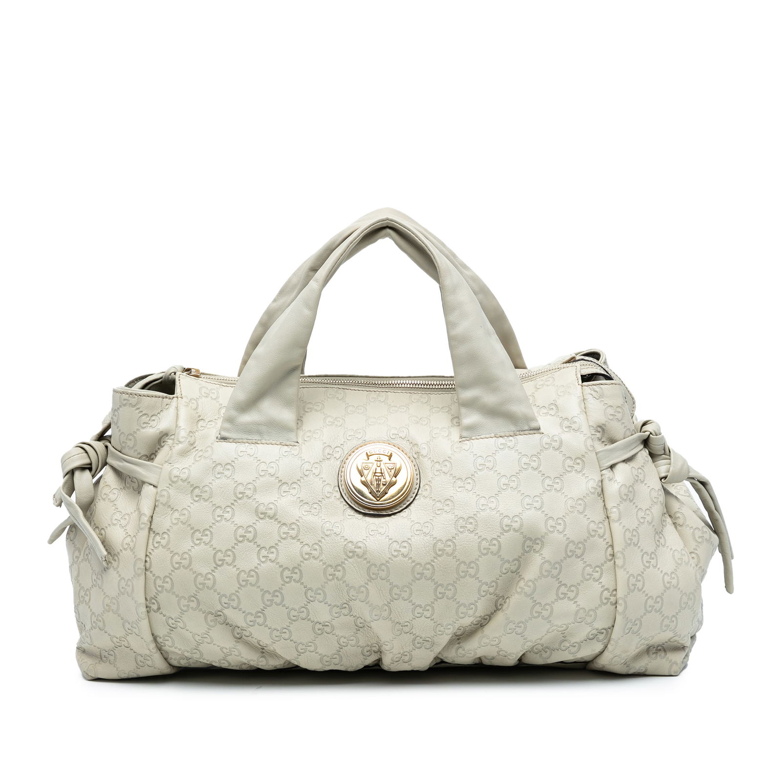 Gucci Medium Guccissima Hysteria Tote White Leather Bag: Gucci Medium Guccissima Hysteria Tote White Leather Bag This Medium Guccissima Hysteria Tote by Gucci showcases an elegant embossed leather exterior in a classic white hue. It features flat leather ha
