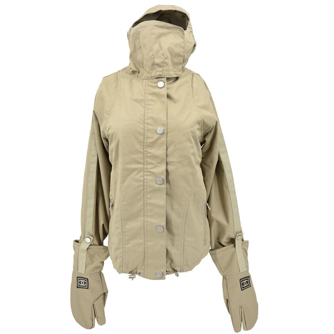 Chanel Sport Line Vintage Beige Hooded Jacket Zip Up #38: Chanel Sport Line Vintage Beige Hooded Jacket Zip Up #38 This vintage Chanel Sport Line zip-up hooded jacket in beige combines style and comfort, perfect for casual occasions. Crafted from a blend of