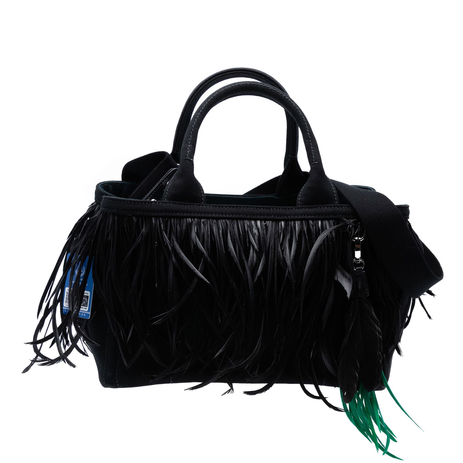Prada Small Black Feather Trimmed Canapa Satchel Italy (1 of 6)