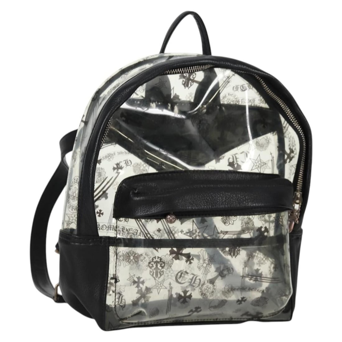 Chrome Hearts Black Vinyl Backpack Back to School 134876M: Chrome Hearts Black Vinyl Backpack Back to School 134876M This Chrome Hearts backpack combines style and functionality, crafted from durable vinyl in a sleek black finish. With dimensions of approxima