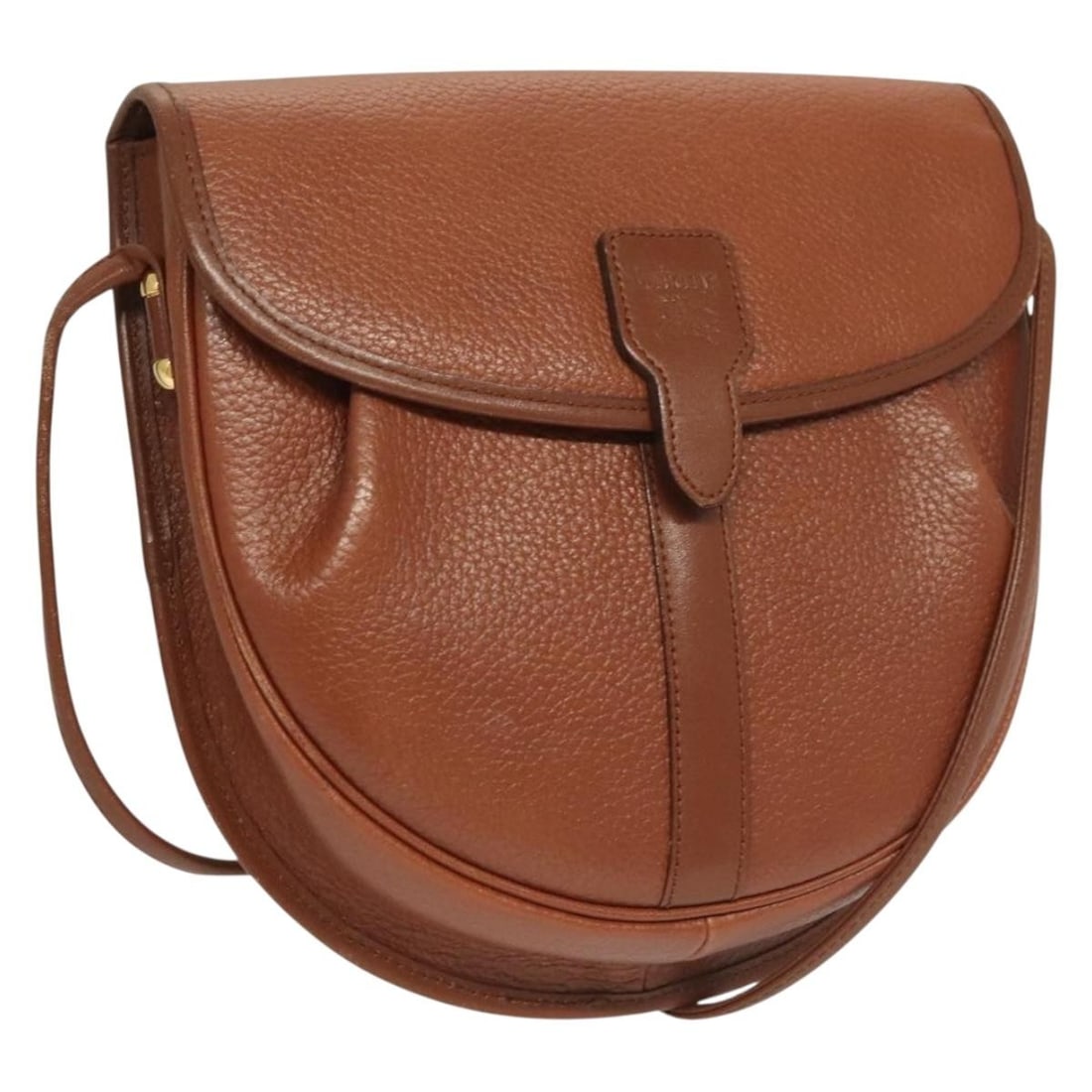 Burberrys Brown Leather Shoulder Bag Gold Accents 23.6in Strap: Burberrys Brown Leather Shoulder Bag Gold Accents 23.6in Strap Introducing a chic Burberrys shoulder bag crafted from high-quality leather in a sophisticated brown and gold color combination. This sty