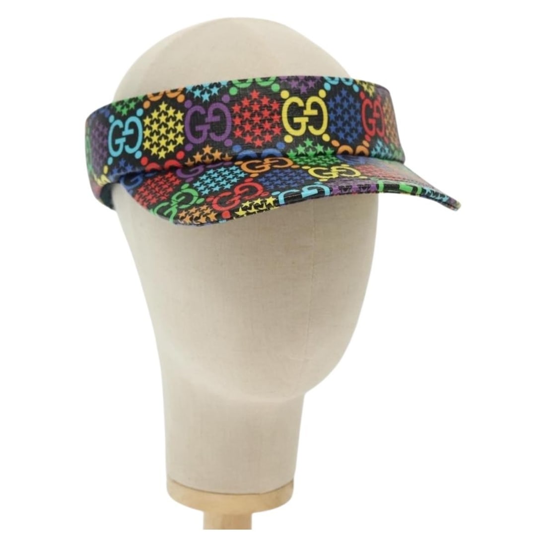 GUCCI GG Psychedelic Multicolor Sun Visor Hat Auth 142391: GUCCI GG Psychedelic Multicolor Sun Visor Hat Auth 142391 Introducing the GUCCI GG Psychedelic Sun Visor Hat, a stylish accessory that showcases a vibrant multicolor design with silver accents. Crafte