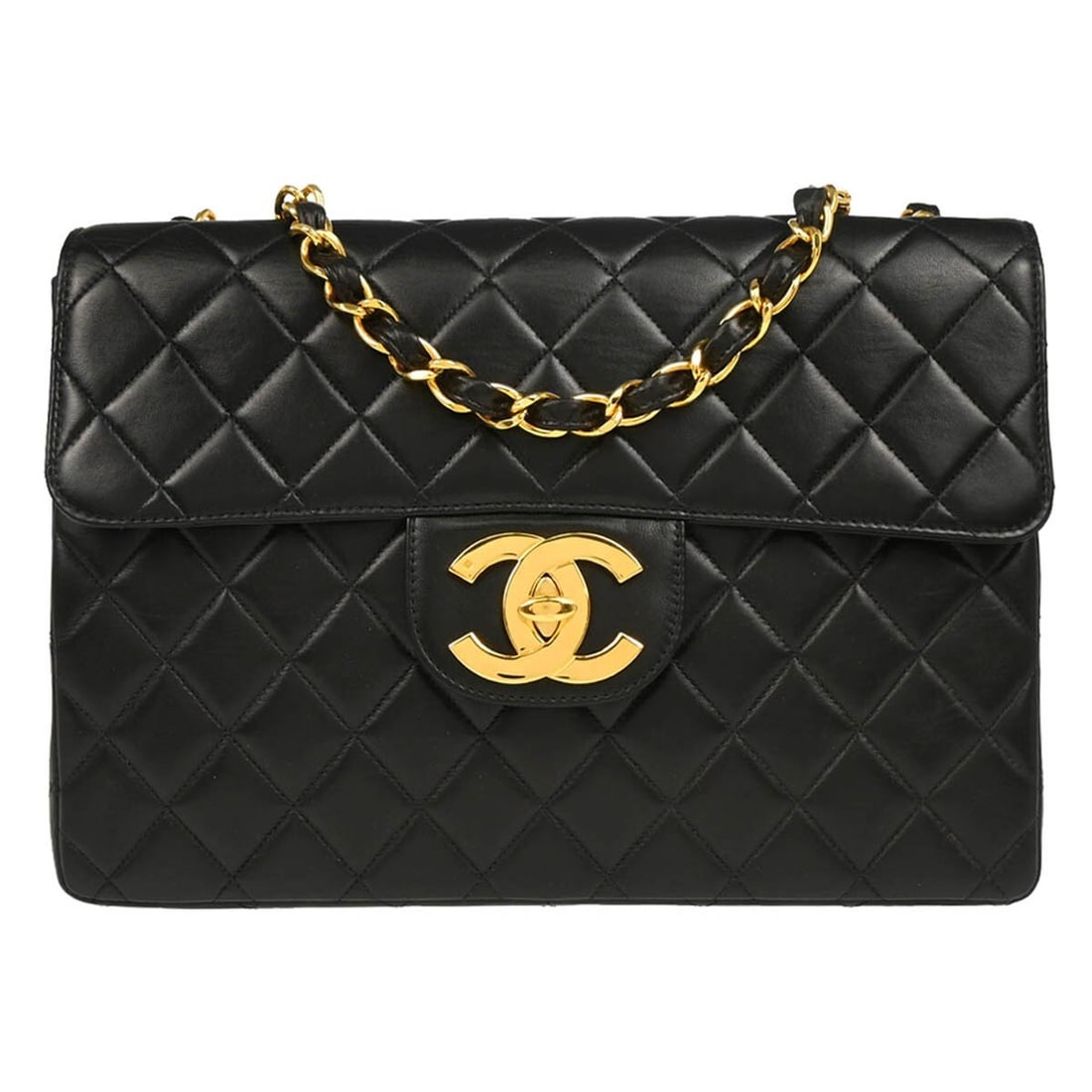 Chanel Black Lambskin Classic Flap Jumbo Shoulder Bag: Chanel Black Lambskin Classic Flap Jumbo Shoulder Bag Elevate your style with the Chanel Black Lambskin Jumbo Classic Flap Shoulder Bag, a timeless accessory designed for casual occasions. This luxuri