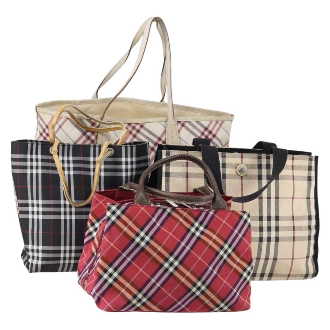 BURBERRY Nova Check Tote Bag Set of 4 Nylon Beige Red Black Auth: BURBERRY Nova Check Tote Bag Set of 4 Nylon Beige Red Black Auth This authentic Burberry Nova Check Tote Bag is crafted from durable nylon, featuring a stylish combination of beige, red, and black col