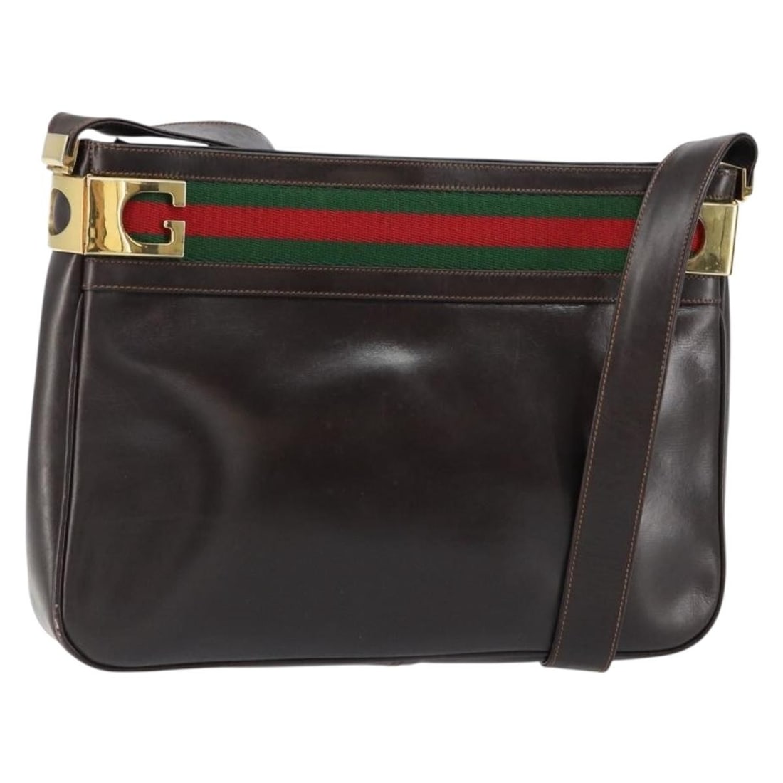 GUCCI Web Sherry Line Dark Brown Leather Shoulder Bag Gold Auth: GUCCI Web Sherry Line Dark Brown Leather Shoulder Bag Gold Auth This stylish GUCCI Web Sherry Line Shoulder Bag is crafted from high-quality leather in a sophisticated dark brown color, accented with