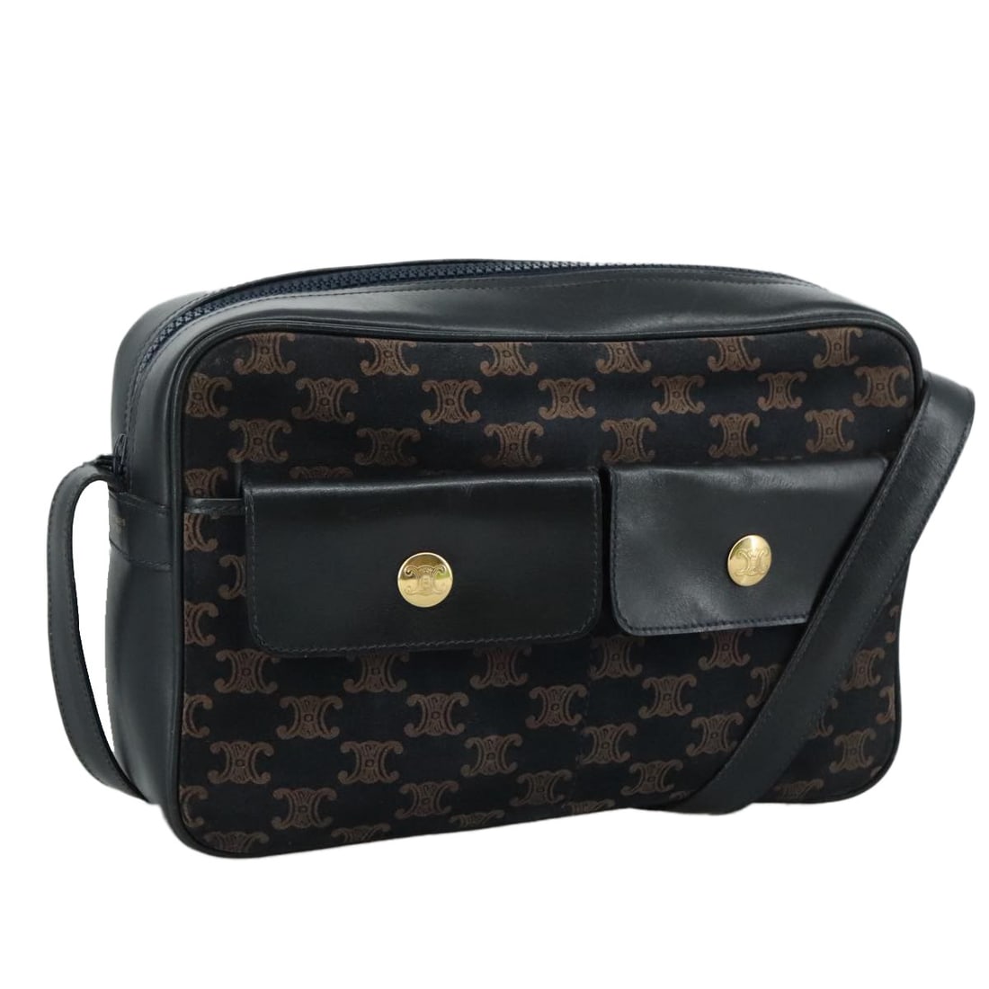 CELINE Macadam Canvas Shoulder Bag Navy Leather Made in Italy: CELINE Macadam Canvas Shoulder Bag Navy Leather Made in Italy This authentic CELINE Macadam Canvas Shoulder Bag features a stylish navy exterior crafted from a combination of leather and Macadam canva