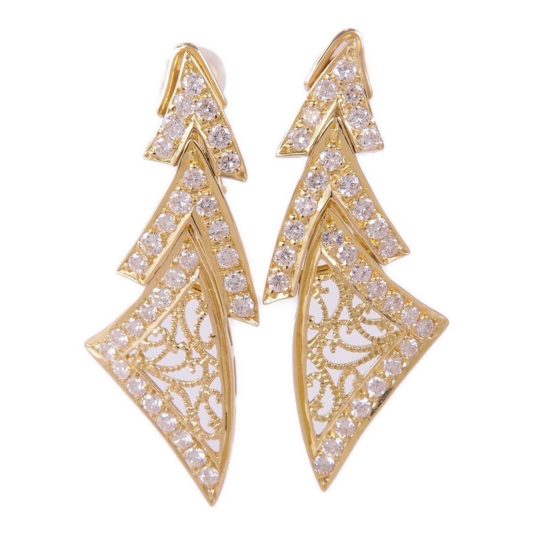 JEWELRY Diamond Earrings in 18K Yellow Gold: JEWELRY Diamond Earrings in 18K Yellow Gold Elevate your elegance with these stunning diamond earrings crafted in 18K yellow gold. Featuring exquisite clear diamonds, these earrings are designed to ca