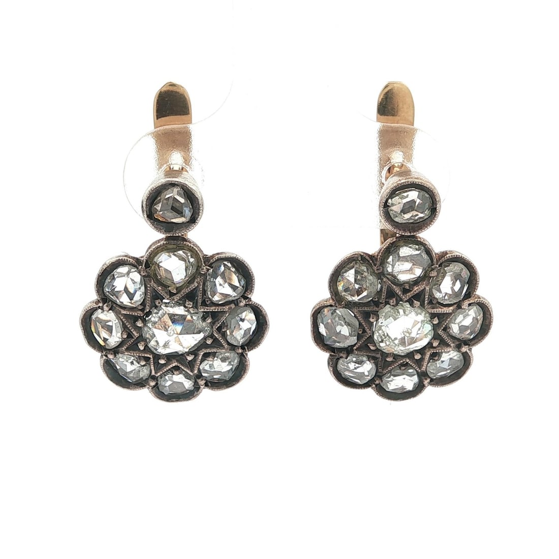 Antique Pave Rose Cut Diamond Drop Earrings in Gold and Silver: Antique Pave Rose Cut Diamond Drop Earrings in Gold and Silver These exquisite antique drop cluster earrings are crafted from solid 17-18k yellow gold with a silver top, showcasing a stunning arrangem
