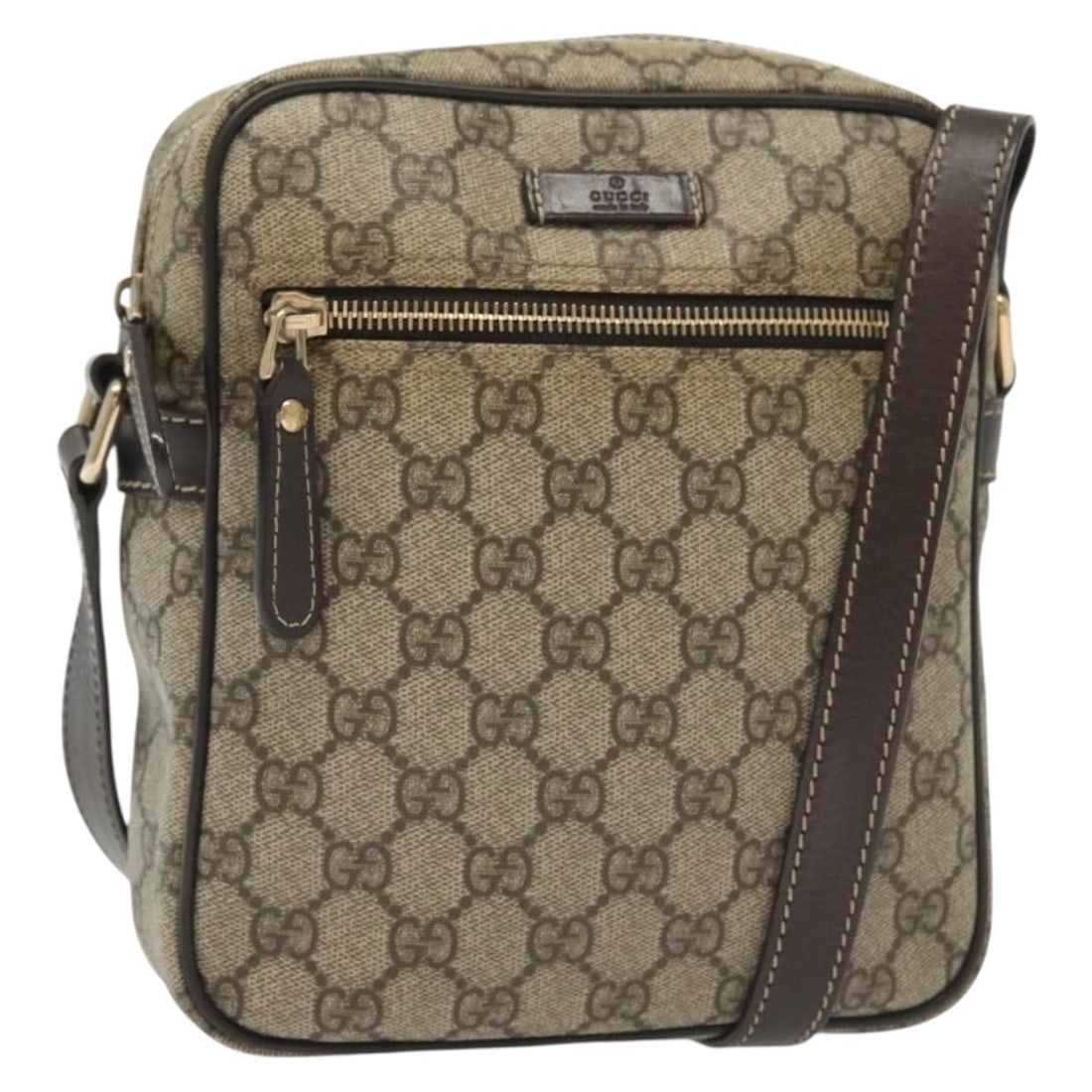 GUCCI GG Supreme Beige Gold Shoulder Bag PVC 233268 Italy: GUCCI GG Supreme Beige Gold Shoulder Bag PVC 233268 Italy This GUCCI GG Supreme Shoulder Bag is a stylish accessory crafted from durable PVC leather, featuring an elegant beige and gold color scheme.