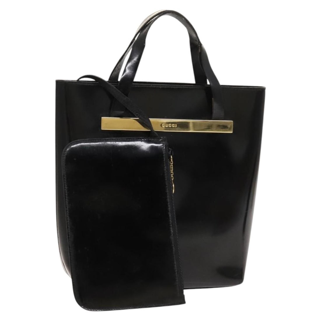 GUCCI Hand Bag Patent Leather Black Gold 000 2058 0558 0 Authentic: GUCCI Hand Bag Patent Leather Black Gold 000 2058 0558 0 Authentic This elegant GUCCI hand bag showcases a sophisticated design crafted from high-quality patent leather in a striking black and gold co