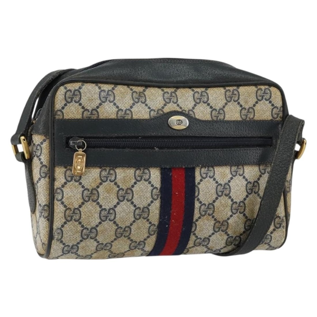 GUCCI GG Supreme Sherry Line Navy Gold Shoulder Bag Auth 68 02 004: GUCCI GG Supreme Sherry Line Navy Gold Shoulder Bag Auth 68 02 004 This elegant GUCCI GG Supreme Sherry Line Shoulder Bag is crafted from high-quality PVC leather with a striking navy and gold color s