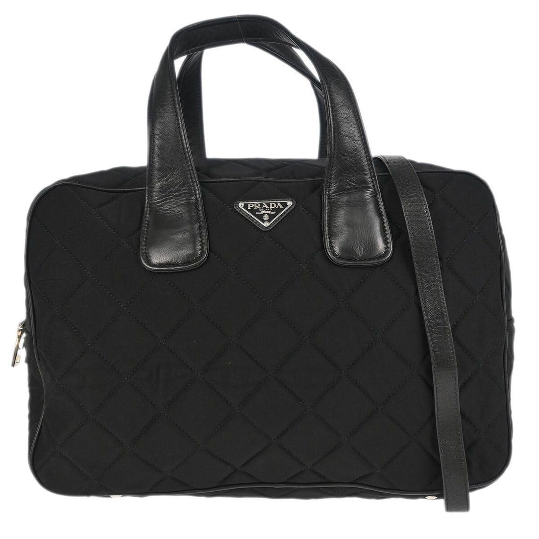 Prada Black Nylon 2-Way Handbag 173/BL0722 with Leather Accents: Prada Black Nylon 2-Way Handbag 173/BL0722 with Leather Accents Elevate your casual outings with this stylish Prada Black Nylon 2-way Handbag. Crafted from durable nylon, this medium-sized bag feature