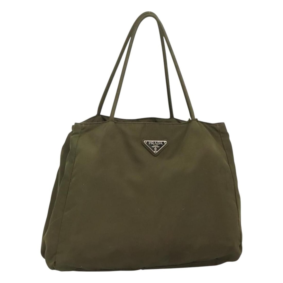 PRADA Khaki Silver Nylon Hand Bag Made in Italy: PRADA Khaki Silver Nylon Hand Bag Made in Italy This authentic PRADA hand bag is crafted from durable nylon in a stylish khaki and silver color combination. Designed for functionality and elegance, it