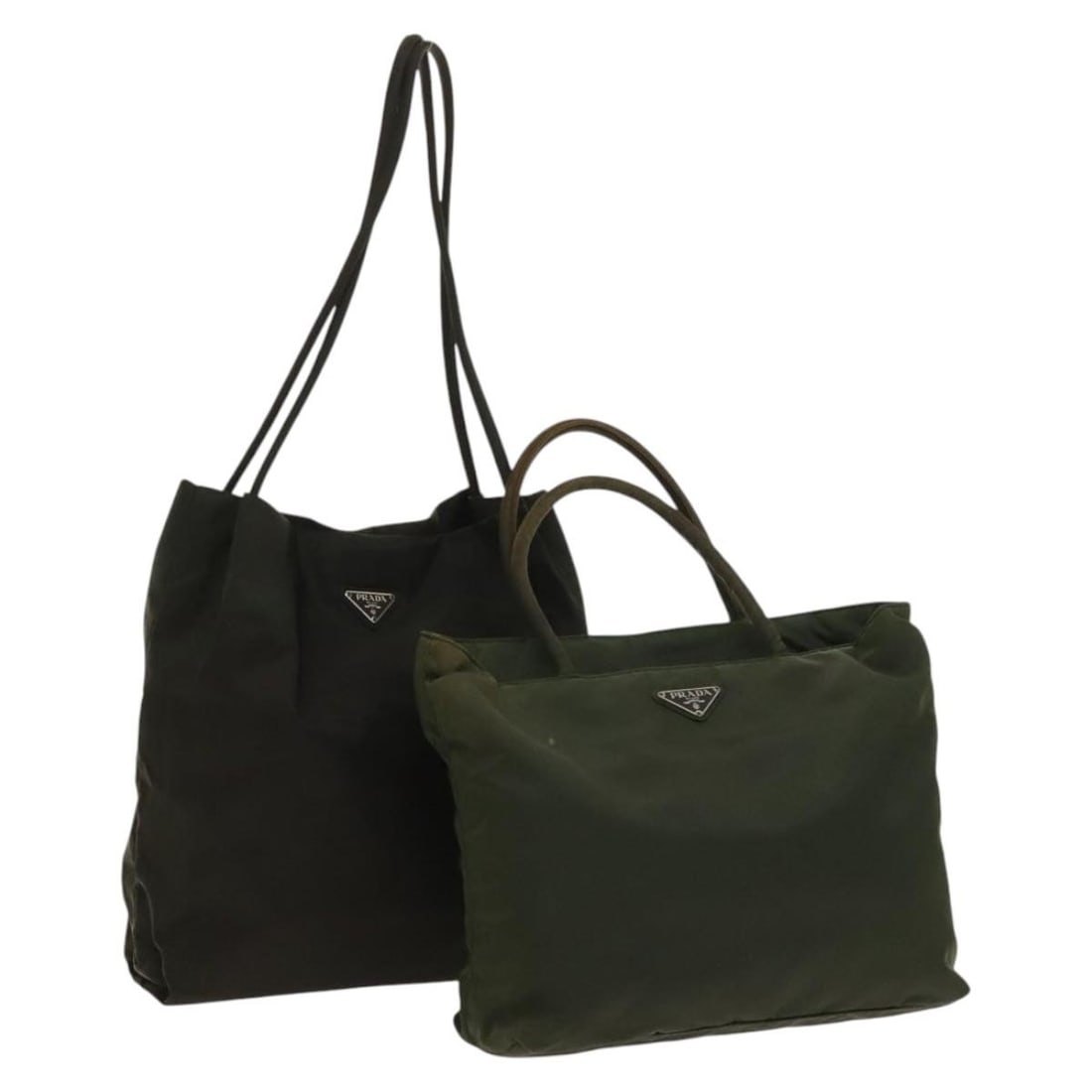 PRADA Nylon Hand Bag Set Green Khaki Made in Italy Auth 140484: PRADA Nylon Hand Bag Set Green Khaki Made in Italy Auth 140484 This authentic PRADA hand bag is crafted from durable nylon in a stylish green and khaki color scheme. Made in Italy, this bag exemplifie