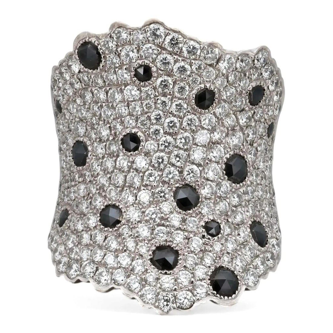 Rachel Koen 18K White Gold Wide Cocktail Ring 4.00Ctw Diamond: Rachel Koen 18K White Gold Wide Cocktail Ring 4.00Ctw Diamond This exquisite wide cocktail band ring showcases a stunning combination of white and black diamonds, making it a bold statement piece for