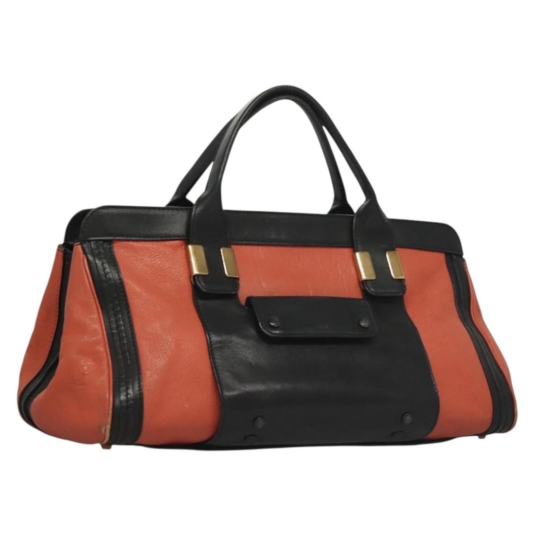 Chloe Alice Leather Hand Bag 2-Way Orange Gold Made in Italy: Chloe Alice Leather Hand Bag 2-Way Orange Gold Made in Italy This Chloe Alice Hand Bag is a stunning accessory crafted from high-quality leather, showcasing a vibrant orange and gold exterior. This el