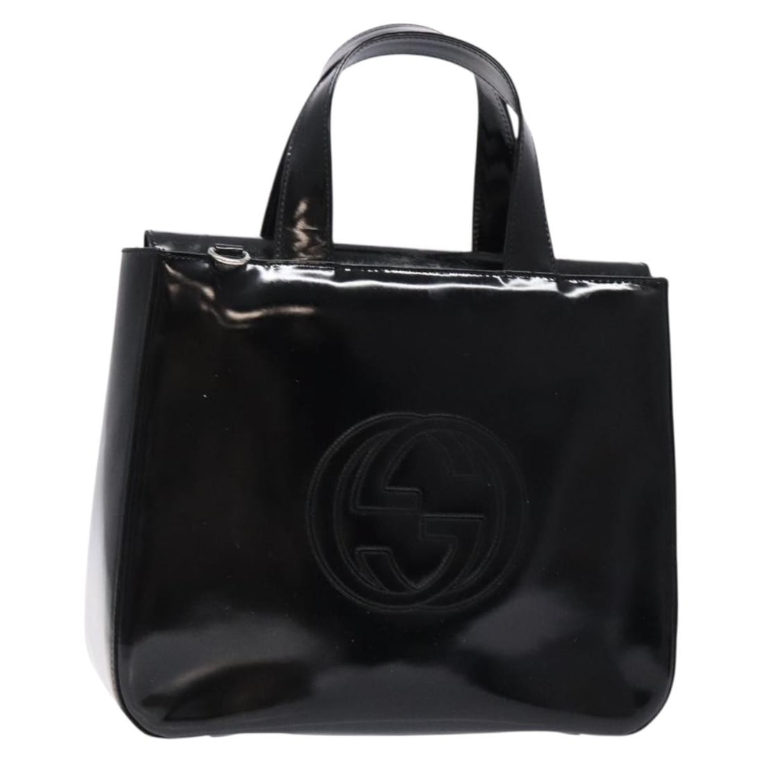 GUCCI Interlocking Hand Bag Black Patent Leather 000 1013 0504 Auth Italy: GUCCI Interlocking Hand Bag Black Patent Leather 000 1013 0504 Auth Italy This GUCCI Interlocking Hand Bag showcases a sleek design crafted from high-quality patent leather in a classic black color. M