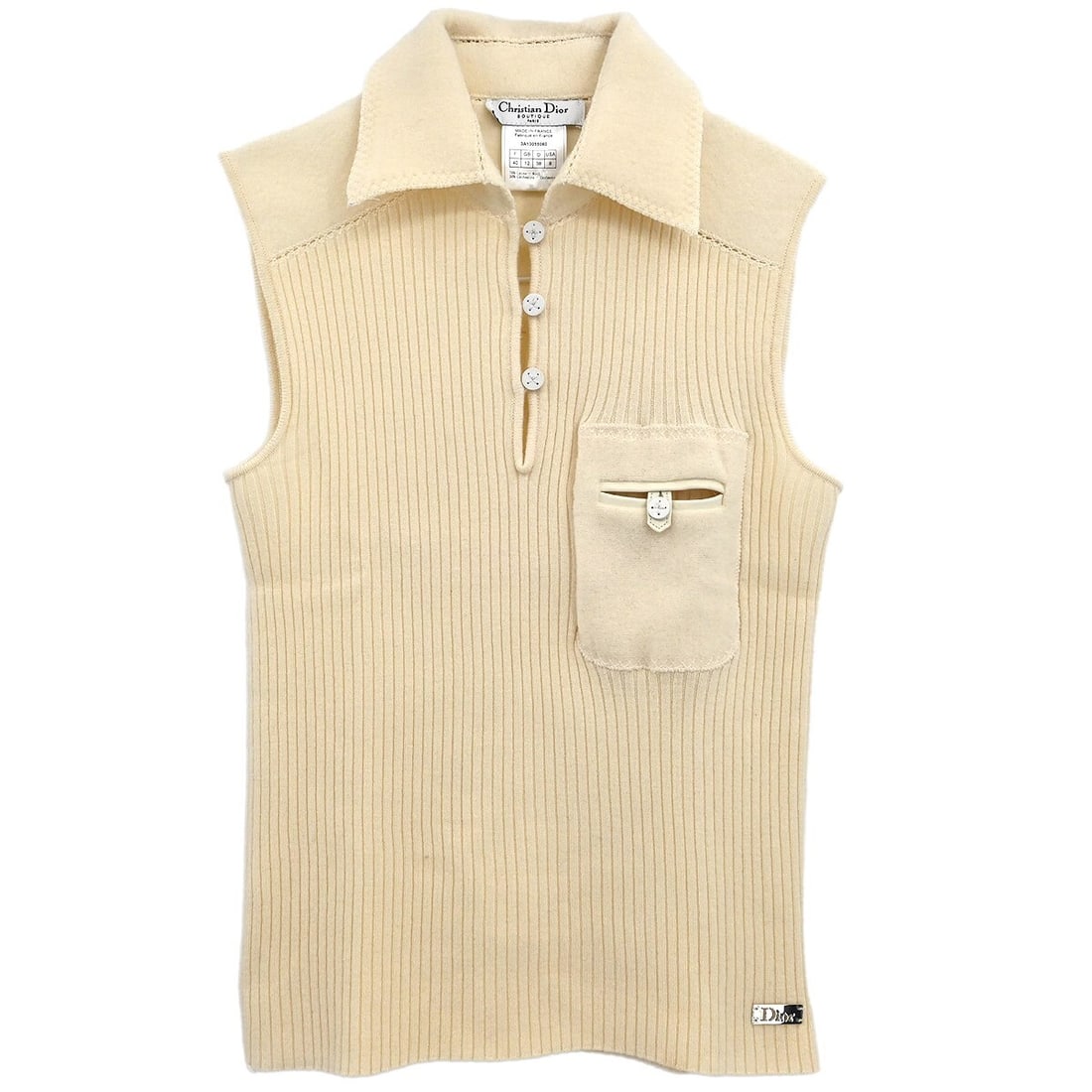 Christian Dior White Sleeveless Collared Tank Top 70% Wool 30% Cashmere: Christian Dior White Sleeveless Collared Tank Top 70% Wool 30% Cashmere Elevate your casual wardrobe with this chic Christian Dior sleeveless top. Crafted from a luxurious blend of 70% wool and 30% ca