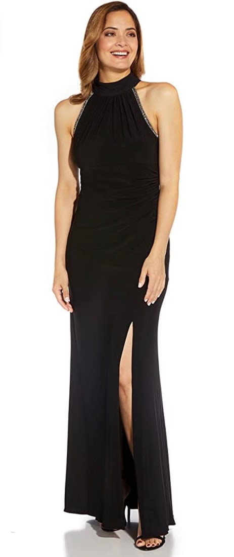 Adrianna Papell Black Embellished Halter Gown Size 8 with Slit (1 of 8)