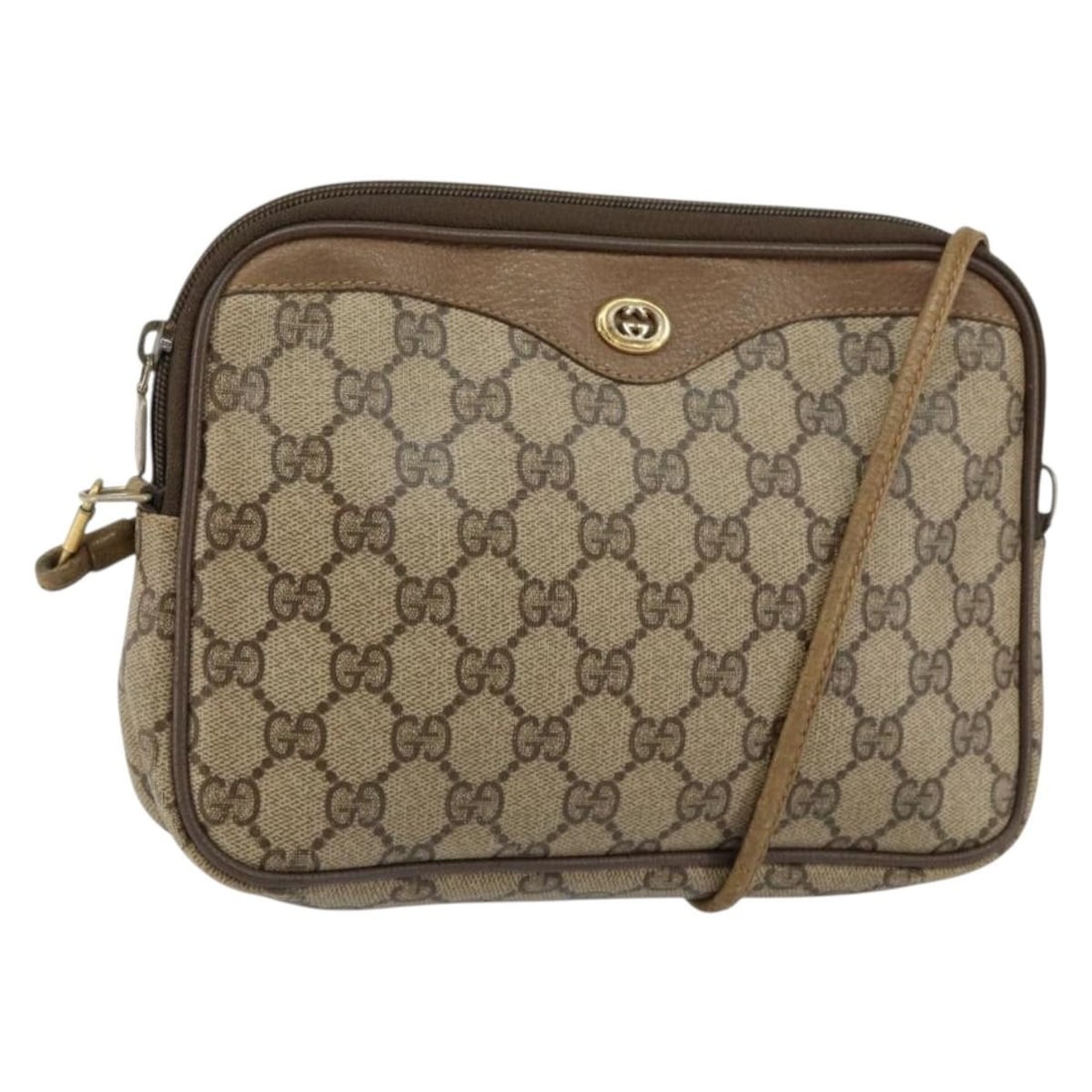 GUCCI GG Supreme Beige Gold PVC Shoulder Bag 97 02 068 Auth: GUCCI GG Supreme Beige Gold PVC Shoulder Bag 97 02 068 Auth This GUCCI GG Supreme Shoulder Bag is a stylish accessory crafted from durable PVC leather in a sophisticated beige and gold color combinati