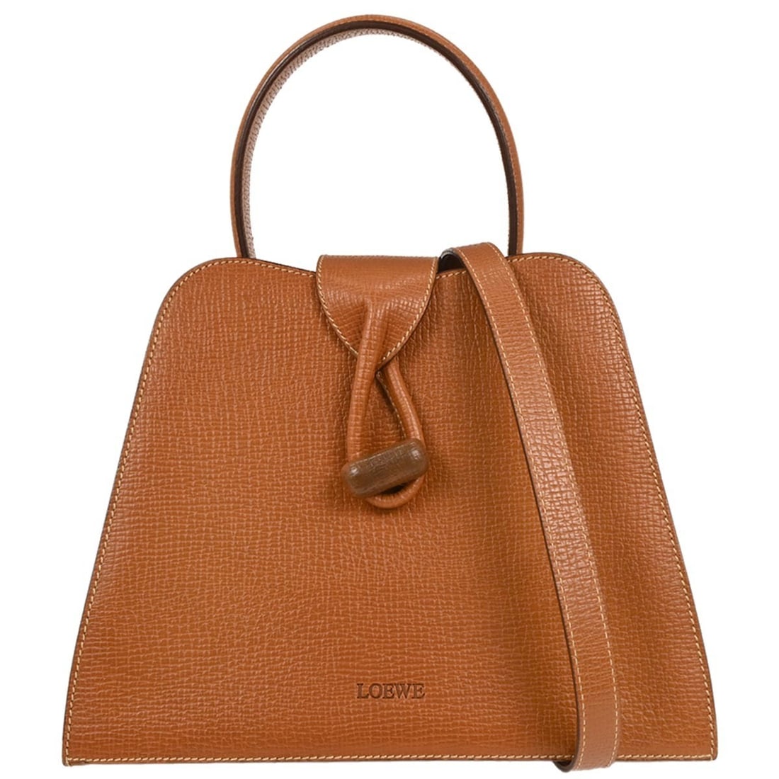Loewe Brown Leather 2-Way Top Handle Handbag: Loewe Brown Leather 2-Way Top Handle Handbag This Loewe 2way handbag is crafted from high-quality brown leather, offering a stylish and functional design. The medium-sized bag features a drawstring cl