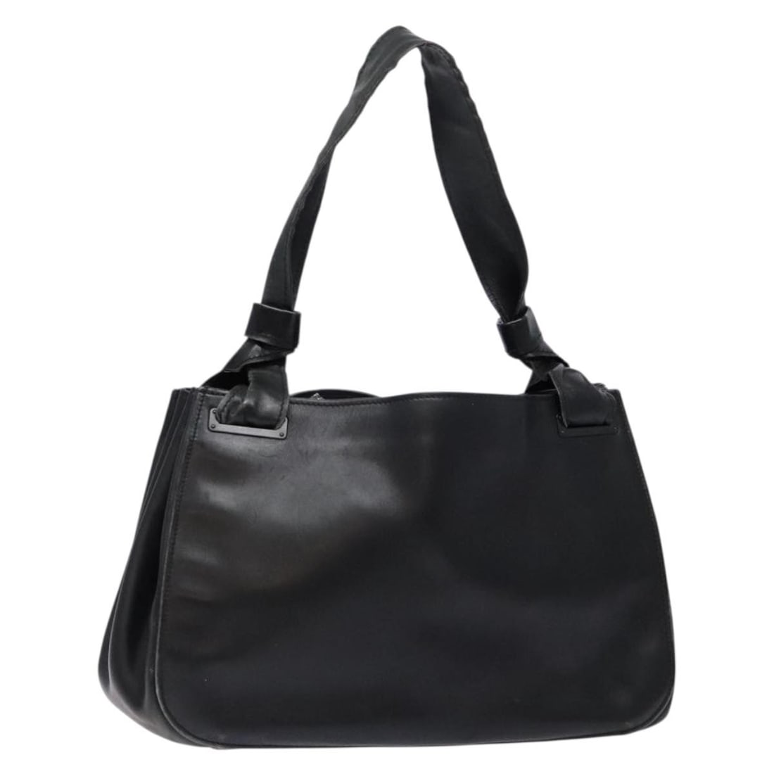 GUCCI 105376 Black Leather Shoulder Bag with Silver Accents: GUCCI 105376 Black Leather Shoulder Bag with Silver Accents This authentic GUCCI shoulder bag showcases a sleek design crafted from high-quality black leather with silver accents. It features a spacio