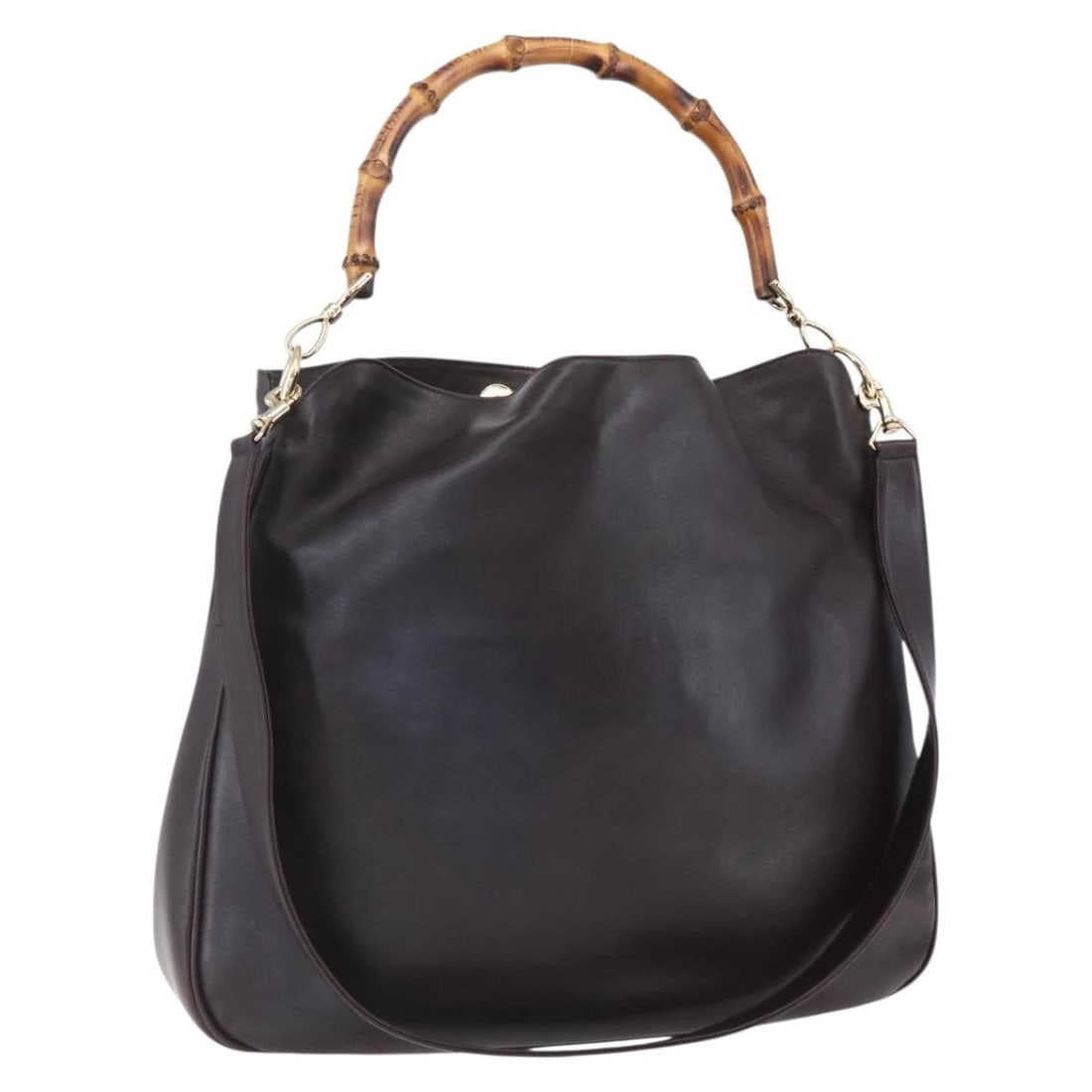 GUCCI Bamboo 2way Shoulder Bag Black Gold Leather 001 0166 1577 Auth: GUCCI Bamboo 2way Shoulder Bag Black Gold Leather 001 0166 1577 Auth This authentic GUCCI Bamboo Shoulder Bag showcases a sleek black leather exterior with elegant gold accents. It is a versatile 2-wa