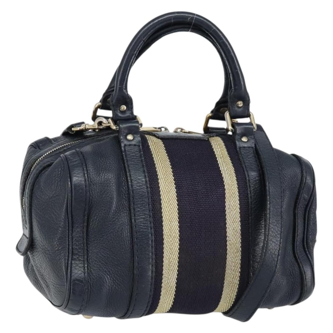 GUCCI Leather Hand Bag Navy Gold 2way Auth 269876 Italy: GUCCI Leather Hand Bag Navy Gold 2way Auth 269876 Italy This authentic GUCCI handbag showcases a stylish navy and gold color scheme. Crafted from high-quality leather, the bag features a spacious inte