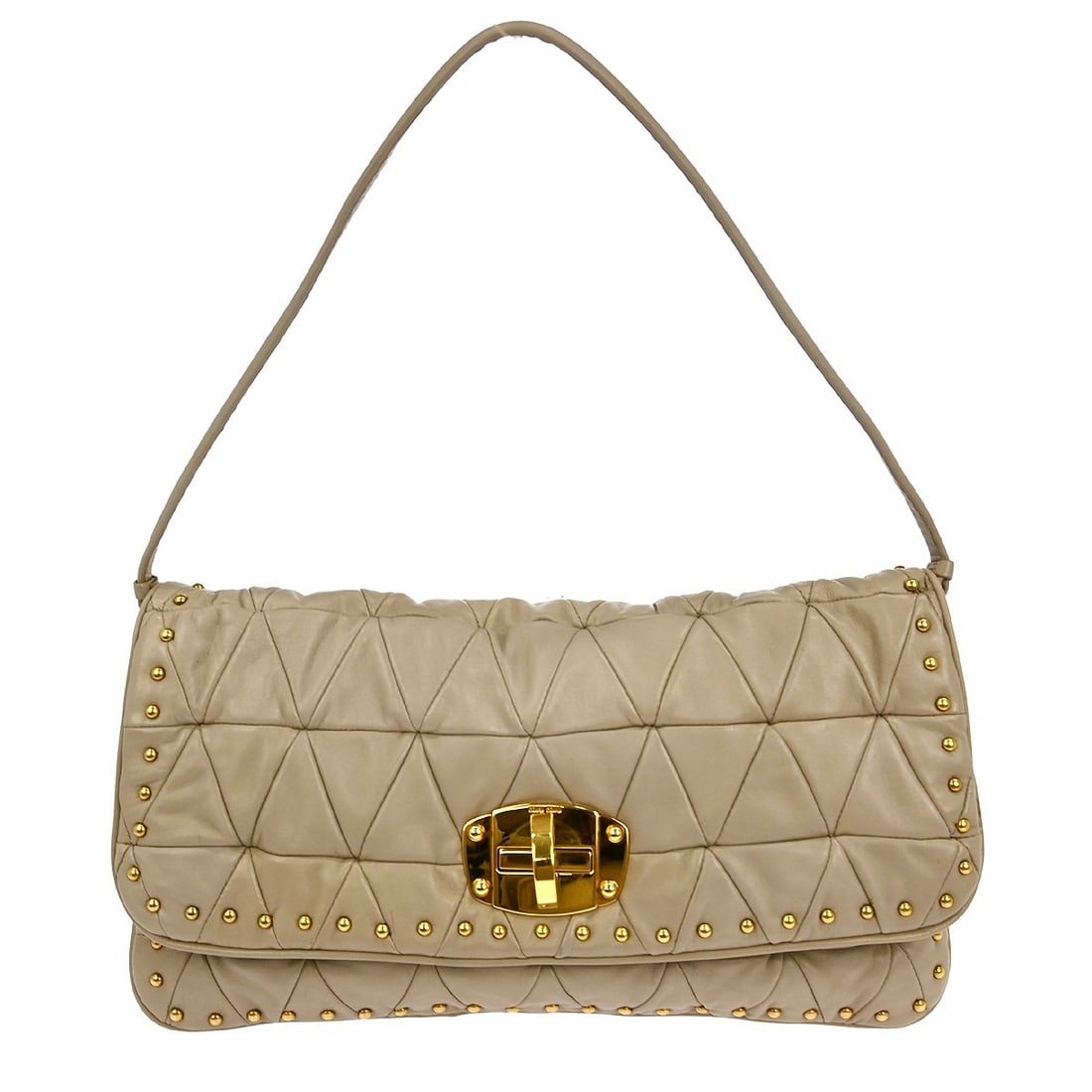 Miu Miu Beige Studded Mini Shoulder Bag NQ02714: Miu Miu Beige Studded Mini Shoulder Bag NQ02714 This Miu Miu mini shoulder bag showcases a chic beige exterior made from high-quality goatskin leather, accented with stylish studs for a touch of elega