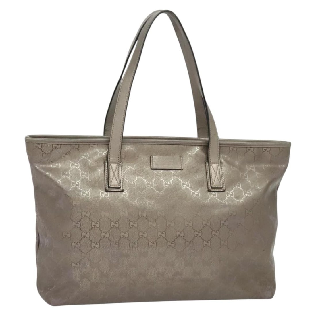 GUCCI GG Implementation Tote Bag PVC Leather Beige Silver 211137 Italy Auth: GUCCI GG Implementation Tote Bag PVC Leather Beige Silver 211137 Italy Auth The GUCCI GG Implementation Tote Bag is a stylish accessory featuring a chic beige and silver color scheme. Crafted from dur