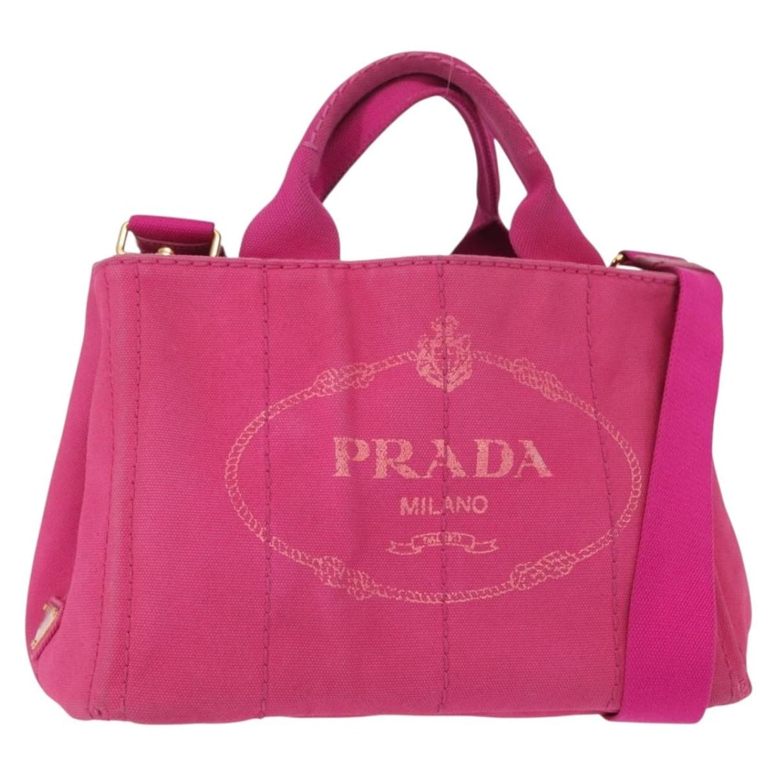 PRADA Canapa PM Canvas Hand Bag Pink Gold Authentic: PRADA Canapa PM Canvas Hand Bag Pink Gold Authentic Elevate your accessory collection with this PRADA Canapa PM Hand Bag, expertly crafted in Turkey. This stylish handbag features a chic pink and gold