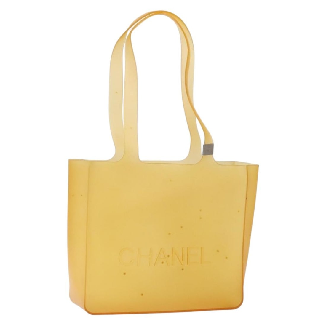 CHANEL Brown Rubber Tote Bag Authentic 8.7in Handle Drop: CHANEL Brown Rubber Tote Bag Authentic 8.7in Handle Drop This CHANEL Tote Bag showcases a stylish and practical design made from durable rubber in a rich brown color. Measuring approximately 9.4 inche
