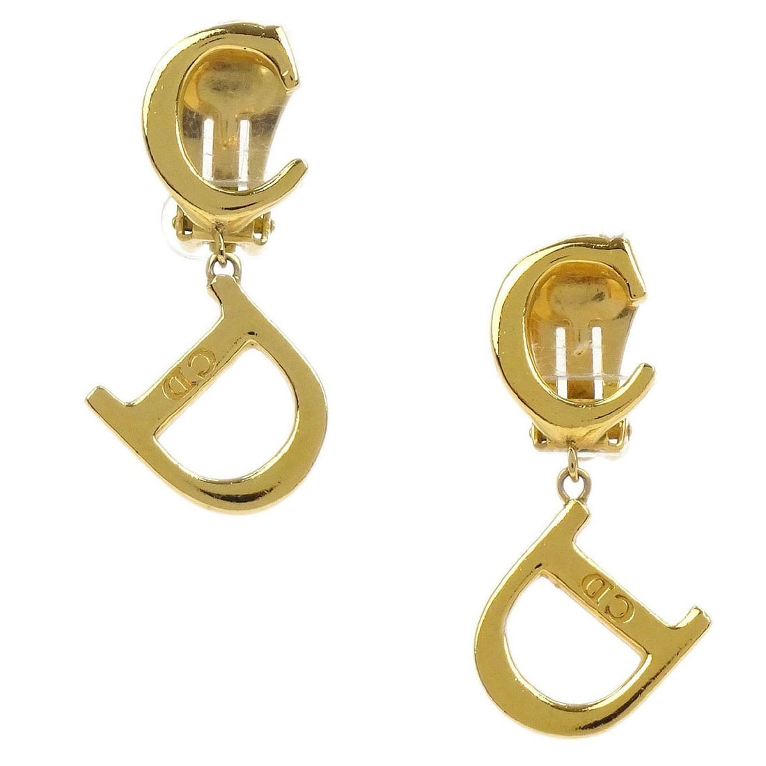 Christian Dior Gold Clip-On Dangle Earrings: Christian Dior Gold Clip-On Dangle Earrings Elevate your accessory collection with these stunning Christian Dior Clip-On Dangle Earrings. Crafted with a luxurious gold finish, these earrings embody el