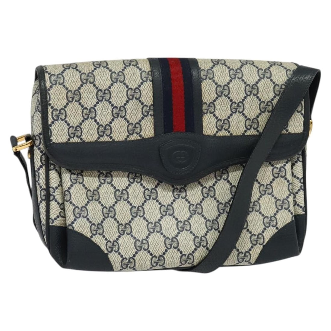 GUCCI GG Supreme Sherry Line Shoulder Bag PVC Navy Gold 001 116 0844 Auth: GUCCI GG Supreme Sherry Line Shoulder Bag PVC Navy Gold 001 116 0844 Auth This authentic GUCCI GG Supreme Sherry Line Shoulder Bag showcases a stylish combination of navy, gold, and red, crafted from
