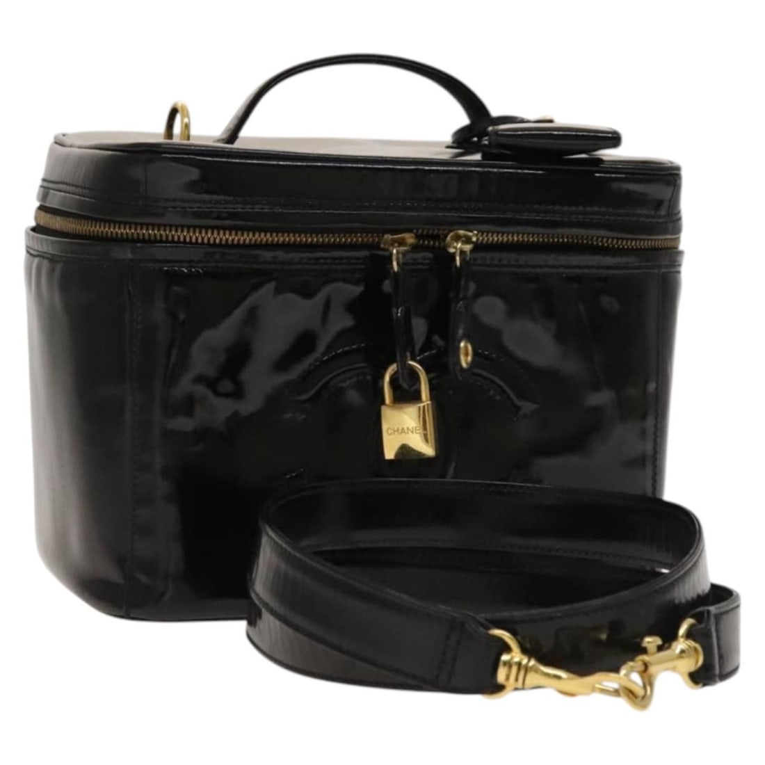 CHANEL Black Gold Enamel Vanity Hand Bag 2way Auth Italy: CHANEL Black Gold Enamel Vanity Hand Bag 2way Auth Italy This exquisite CHANEL Vanity Hand Bag features a stunning black and gold enamel exterior, showcasing timeless elegance. Crafted in Italy, this