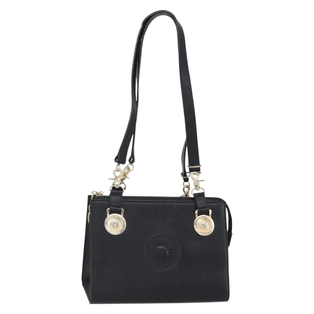 Gianni Versace Black Leather Shoulder Bag with Gold Accents BA7521: Gianni Versace Black Leather Shoulder Bag with Gold Accents BA7521 Embrace luxury with this Gianni Versace Shoulder Bag, a stylish accessory that combines premium leather with a striking black and gol