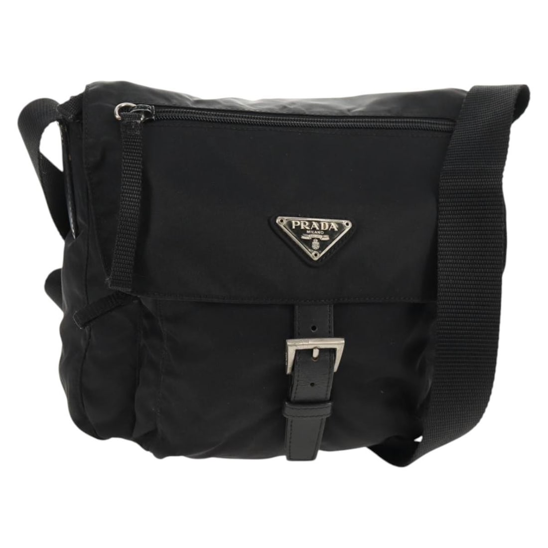 PRADA Black Nylon Shoulder Bag Silver Hardware Authentic 148424: PRADA Black Nylon Shoulder Bag Silver Hardware Authentic 148424 This authentic PRADA shoulder bag is crafted from durable nylon in a sleek black and silver color scheme. Measuring approximately 8.7 in