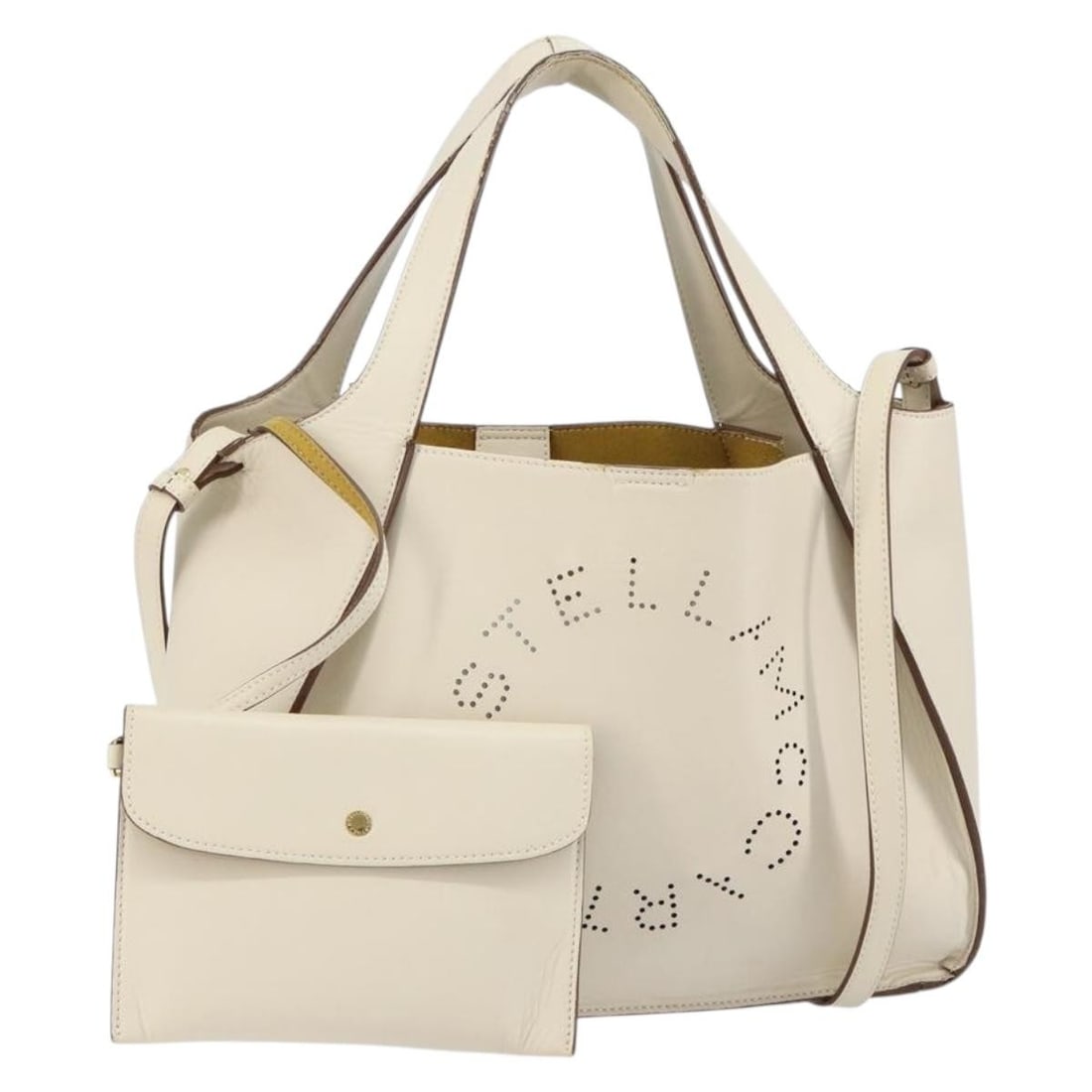 Stella McCartney White Gold Polyester Tote Bag with Shoulder Strap Auth BA7342: Stella McCartney White Gold Polyester Tote Bag with Shoulder Strap Auth BA7342 Elevate your style with this authentic Stella McCartney Tote Bag, meticulously crafted in Italy. Featuring a chic combina