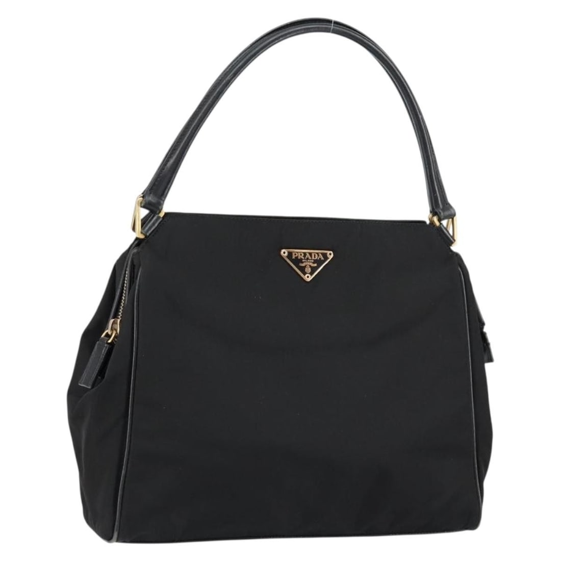 PRADA Black Gold Nylon Hand Bag Italy Auth 151341: PRADA Black Gold Nylon Hand Bag Italy Auth 151341 This PRADA hand bag is crafted from durable nylon in a striking black and gold color combination. Designed with practicality in mind, it features a sp