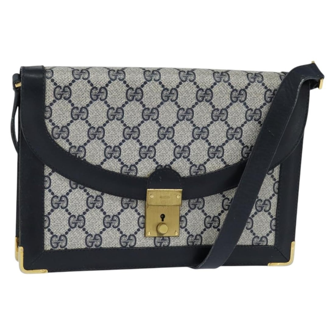 GUCCI GG Supreme Navy Gold Shoulder Bag PVC Italy Auth BA7379: GUCCI GG Supreme Navy Gold Shoulder Bag PVC Italy Auth BA7379 This GUCCI GG Supreme Shoulder Bag is a stylish accessory crafted from durable PVC leather in a striking Navy and Gold color combination.