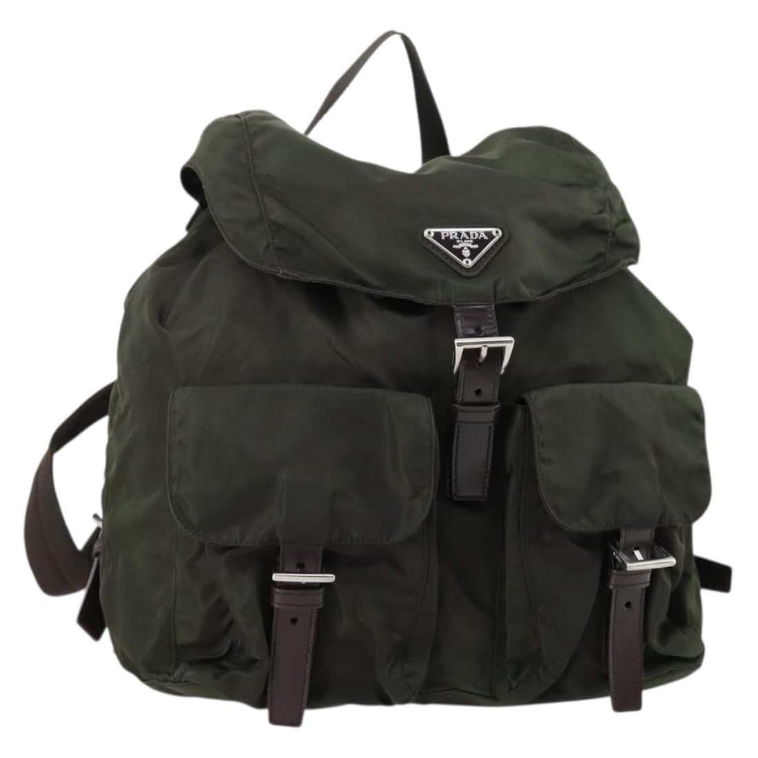 PRADA Khaki Silver Nylon Backpack Authentic 147403 Italy: PRADA Khaki Silver Nylon Backpack Authentic 147403 Italy This authentic PRADA backpack is crafted from durable nylon in a stylish khaki and silver color combination. Measuring approximately 11.8 inche