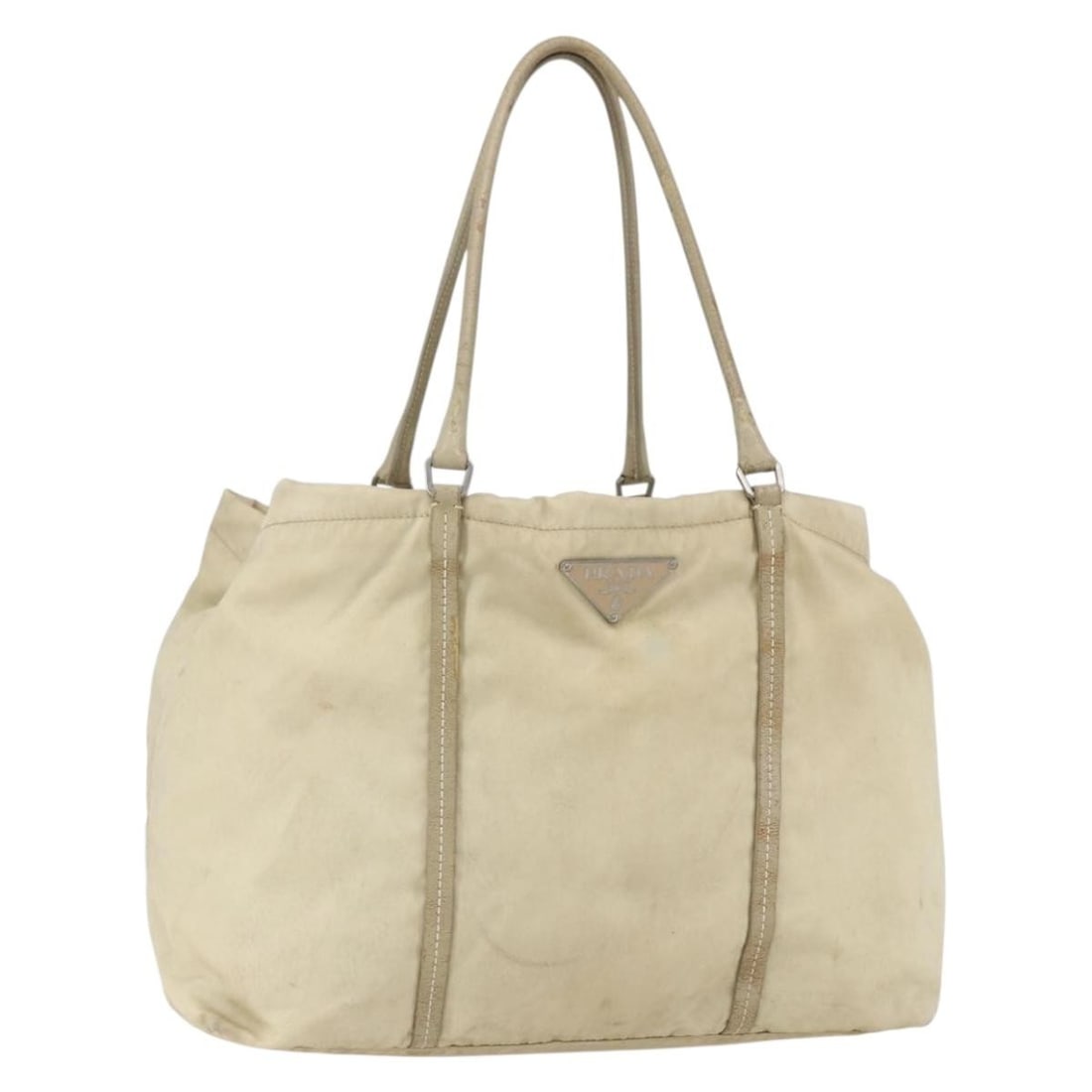 PRADA Ivory Silver Nylon Tote Bag Authentic 157316 Made in Italy: PRADA Ivory Silver Nylon Tote Bag Authentic 157316 Made in Italy This stylish PRADA tote bag is crafted from durable nylon in an elegant ivory and silver color combination. Designed for practicality a