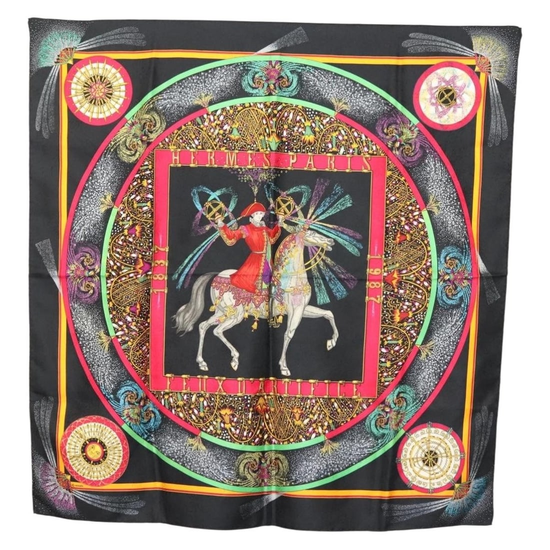 HERMES Carre 90 Scarf FEUX D'ARTIFICE Black Silk Auth hk2955 (1 of 12)