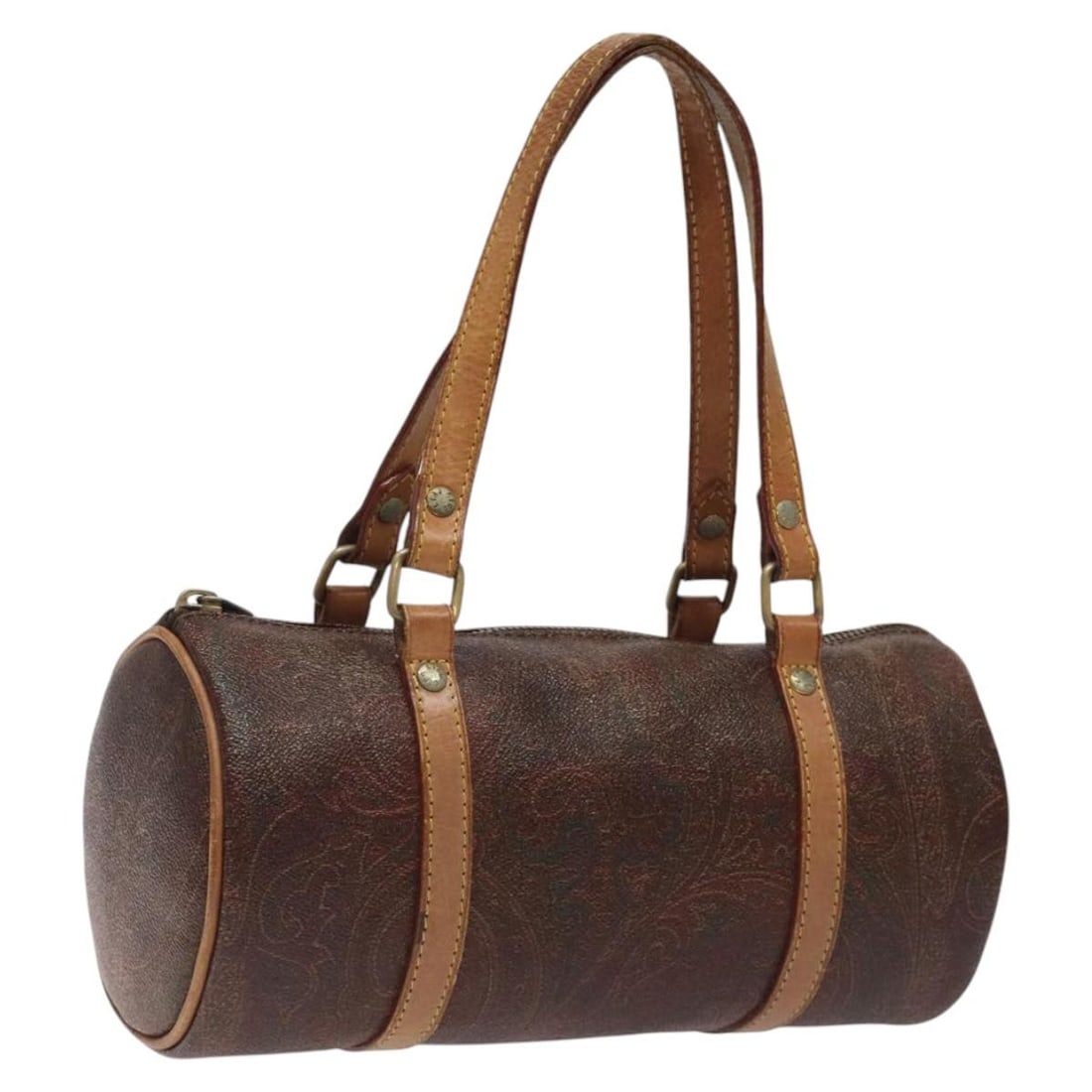 ETRO Brown PVC Leather Hand Bag Italy Auth BS24526: ETRO Brown PVC Leather Hand Bag Italy Auth BS24526 Introducing the ETRO Paisley Hand Bag, a stylish accessory crafted in Italy. This handbag features a rich brown PVC leather exterior that exudes soph