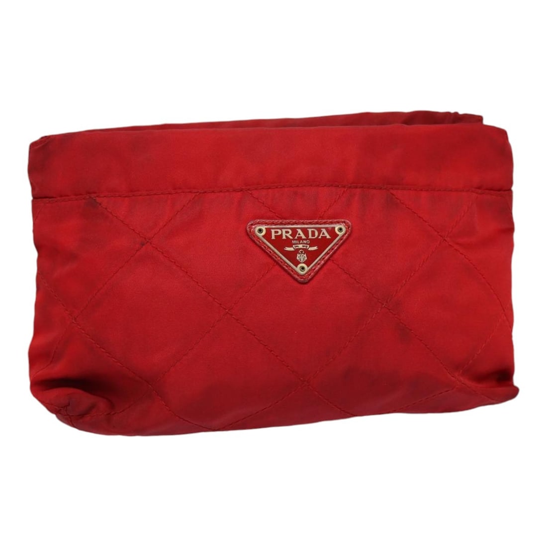 PRADA Red Silver Nylon Pouch Bag Made in Italy: PRADA Red Silver Nylon Pouch Bag Made in Italy This authentic PRADA pouch showcases a stylish design in vibrant red nylon with elegant silver accents. Made in Italy, it is a versatile accessory suitab