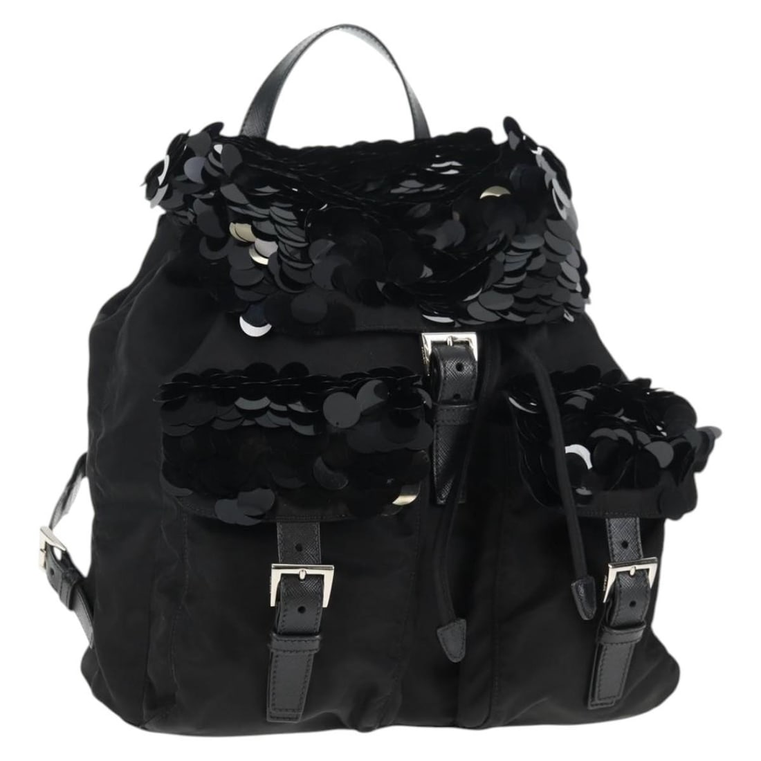 Prada Black Silver Sequin Nylon Backpack Auth 141151M: Prada Black Silver Sequin Nylon Backpack Auth 141151M This authentic PRADA Sequin Backpack combines luxury with practicality. Crafted in Italy from durable nylon, it features a striking black and silv