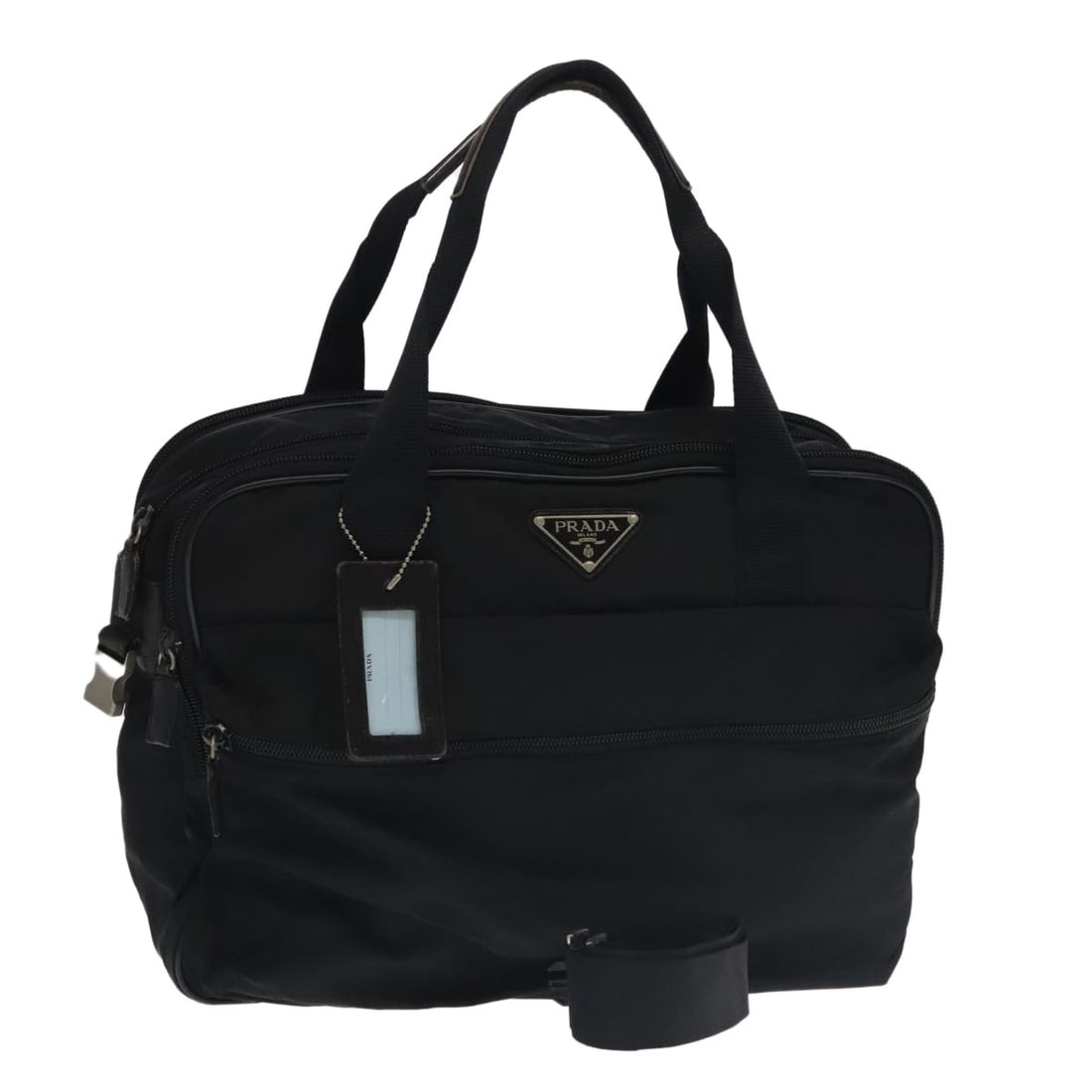 PRADA Black Silver Nylon Boston Bag 2-Way Auth Italy: PRADA Black Silver Nylon Boston Bag 2-Way Auth Italy This PRADA Boston Bag combines a sleek design with functional versatility, crafted from durable nylon in a classic black and silver color scheme. P
