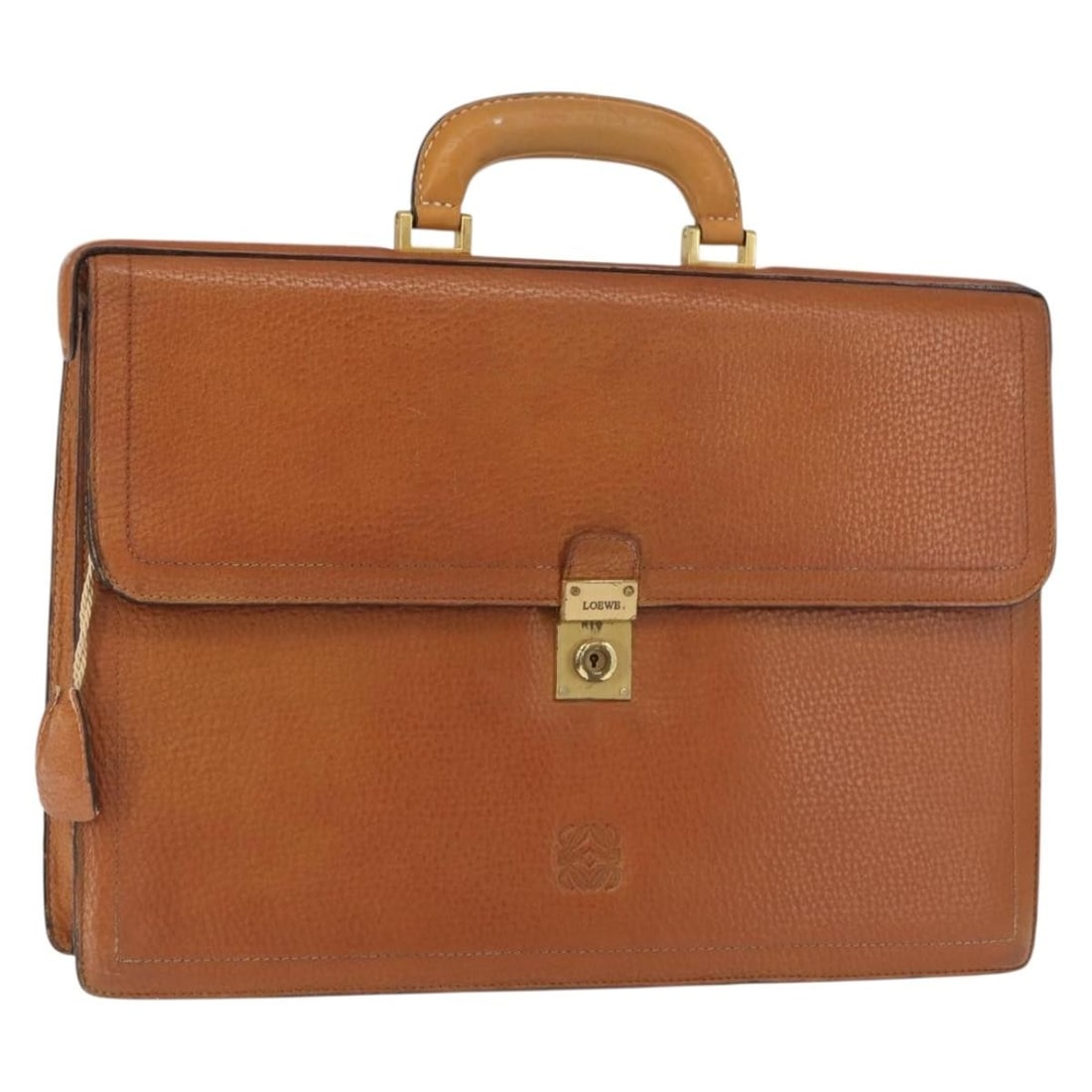 LOEWE Brown Gold Leather Anagram Business Bag with Aftermarket Handle: LOEWE Brown Gold Leather Anagram Business Bag with Aftermarket Handle This LOEWE Anagram Business Bag combines elegance and functionality, crafted from high-quality leather in a sophisticated brown an