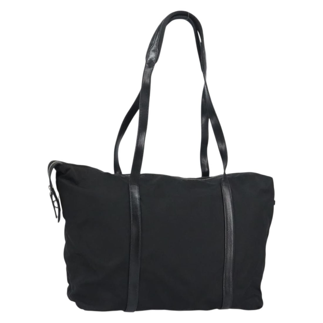 PRADA Black Nylon Tote Bag with Silver Accents Authentic 151531: PRADA Black Nylon Tote Bag with Silver Accents Authentic 151531 This PRADA Tote Bag is a stylish and functional accessory crafted from durable nylon. The bag features a sleek black and silver exterior